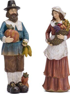 Autumn Harvest Fall Decor - 2 Pcs Resin Pumpkin & Pilgrim Figurines for Home